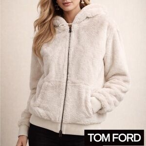 Tom Ford Beige Faux Fur Hooded Bomber Jacket With Leather Trim